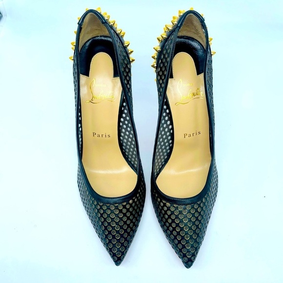 Christian Louboutin Black Leather Mesh Guni Spiked Gold stud 100mm pumps EU 38.5 - Picture 8 of 14